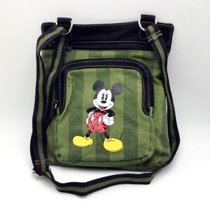 Disney‎ Mickey Mouse Crossbody Bag Green Striped Canvas Purse